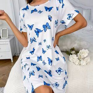 White Blue Blutterfly Print Night Gown Sleep Shirt Short Sleeve Size 12 XL NEW
